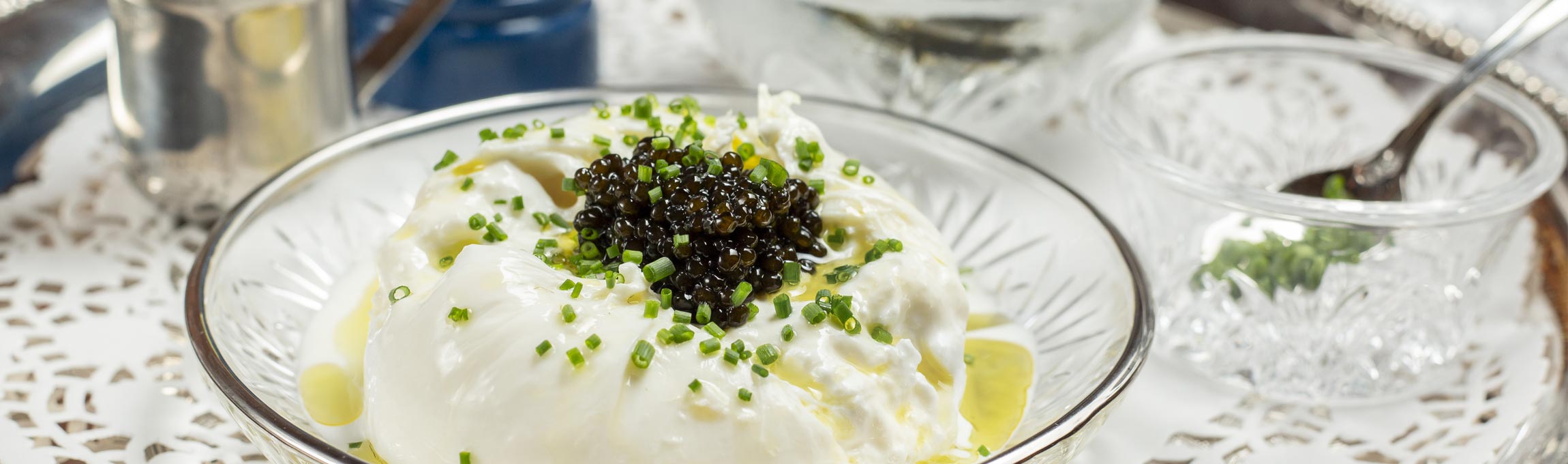 Burrata and caviar served at Cento restaurant in German Village, Columbus, Ohio.